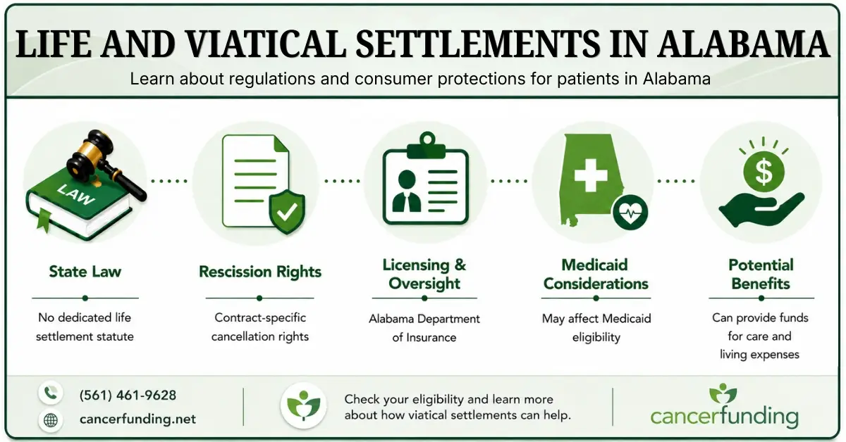Infographic explaining Life and Viatical Settlements in Alabama, including state law, rescission rights, licensing oversight, Medicaid considerations, and potential benefits.