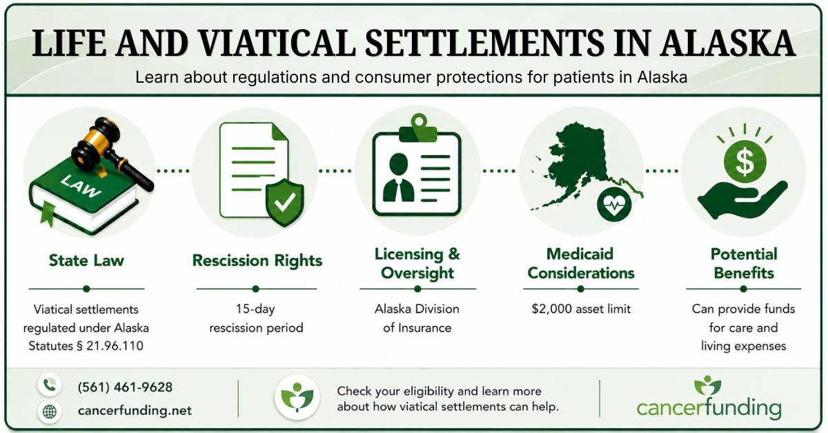 Infographic explaining Life and Viatical Settlements in Alaska, including state law, rescission rights, licensing oversight, Medicaid considerations, and potential benefits.