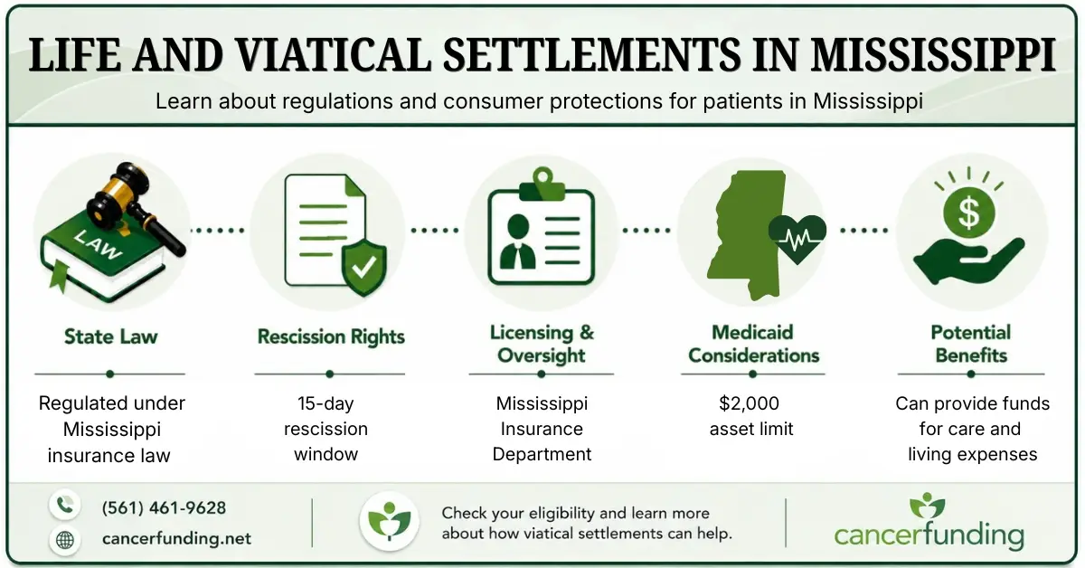 Infographic explaining Life and Viatical Settlements in Mississippi, including state law, rescission rights, licensing oversight, Medicaid considerations, and potential benefits.