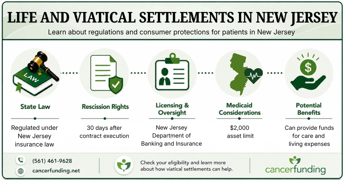 Infographic explaining Life and Viatical Settlements in New Jersey, including state law, rescission rights, licensing oversight, Medicaid considerations, and potential benefits.