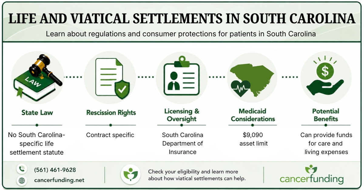 Infographic explaining Life and Viatical Settlements in South Carolina, including state law, rescission rights, licensing oversight, Medicaid considerations, and potential benefits.