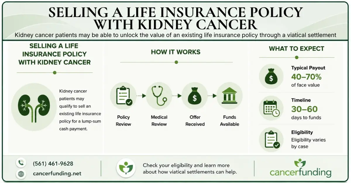 Infographic showing how selling a life insurance policy with kidney cancer works, including the review process, typical payout ranges, and expected timeline to receive funds.