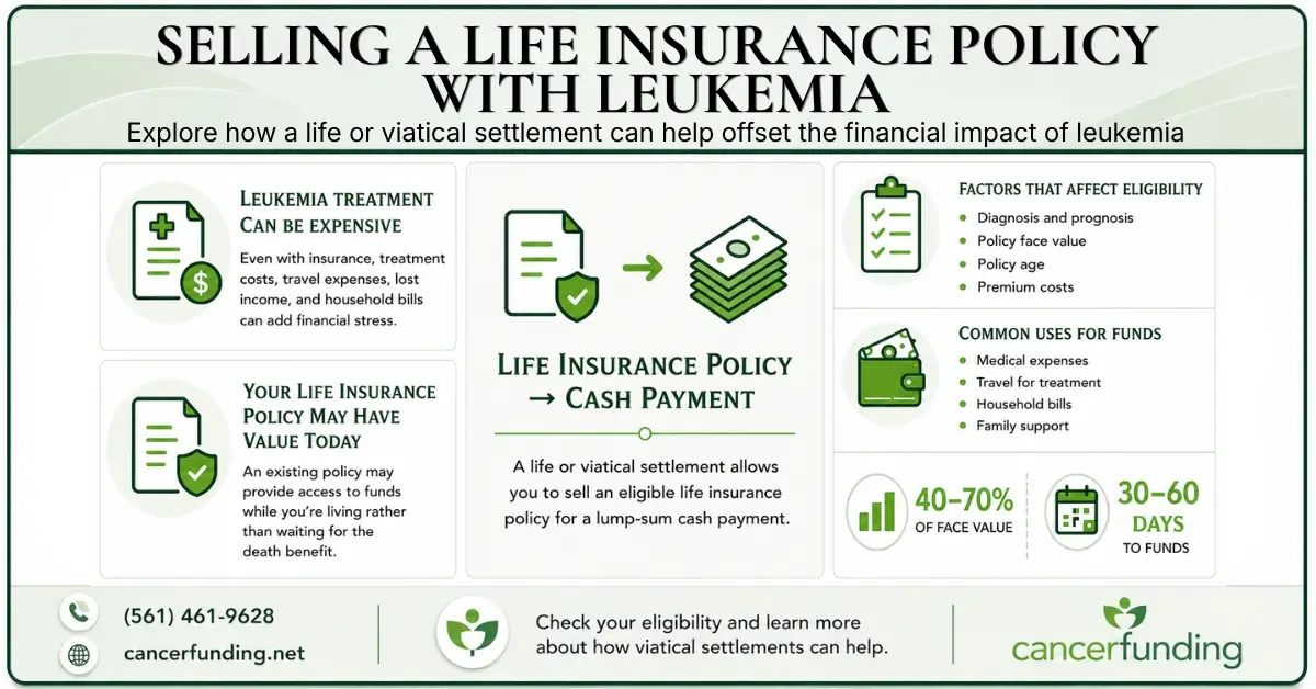 Infographic showing how selling a life insurance policy with leukemia may provide access to funds through a life or viatical settlement while living.