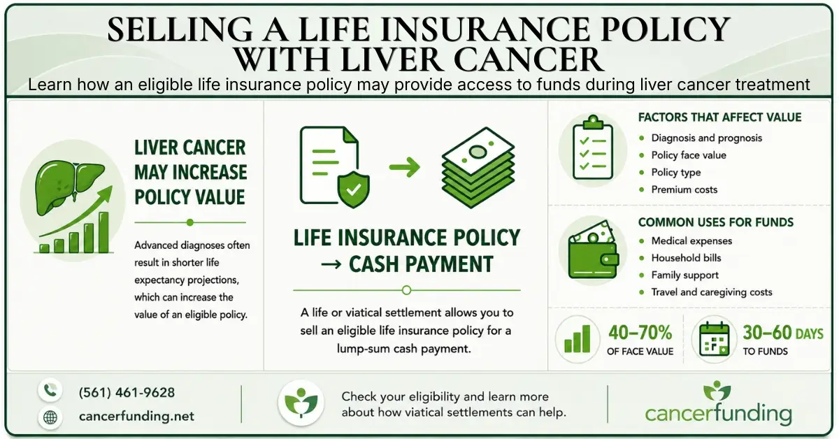 Infographic showing how selling a life insurance policy with liver cancer may provide access to funds during treatment while highlighting settlement eligibility, payout potential, and review factors.
