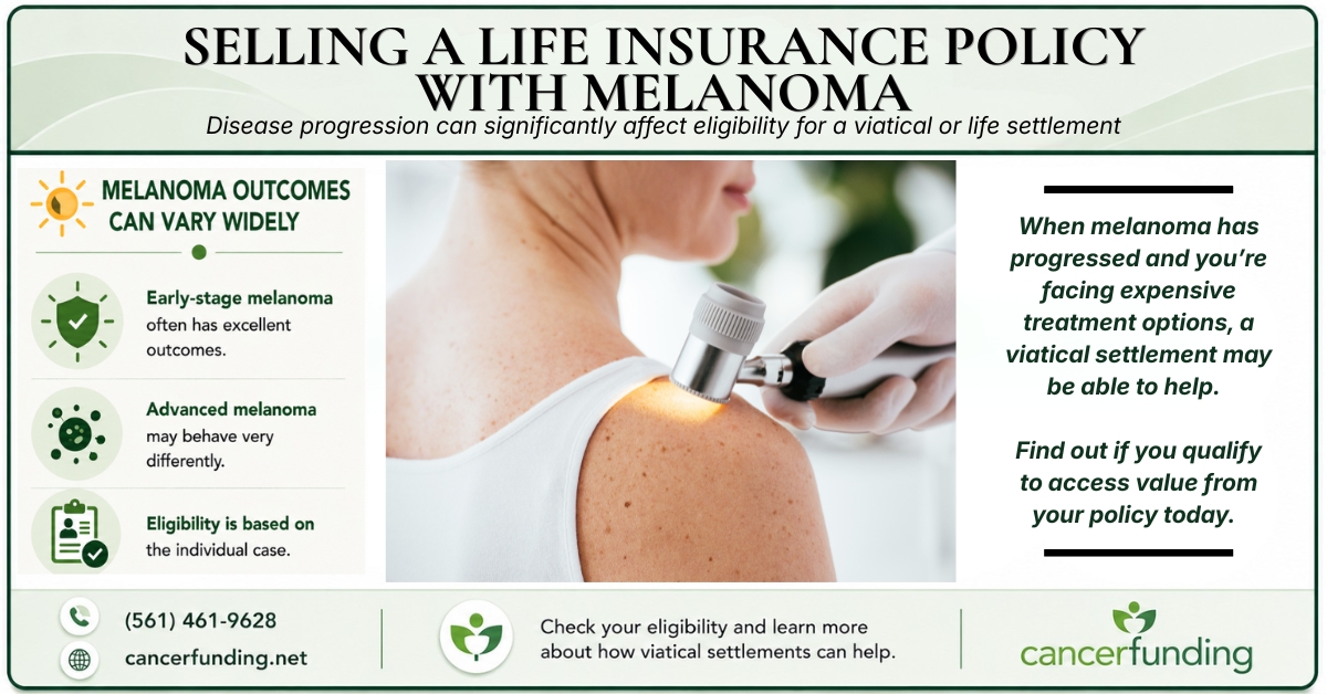 Selling a life insurance policy with melanoma — Cancer Funding infographic