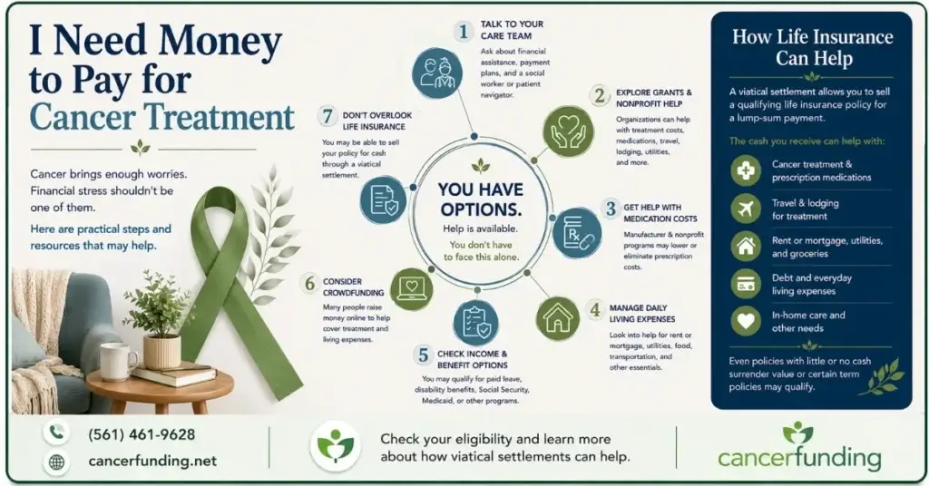 Infographic answering what to do when I need money to pay for cancer treatment, including grants, medication assistance, benefits, crowdfunding, and viatical settlements.