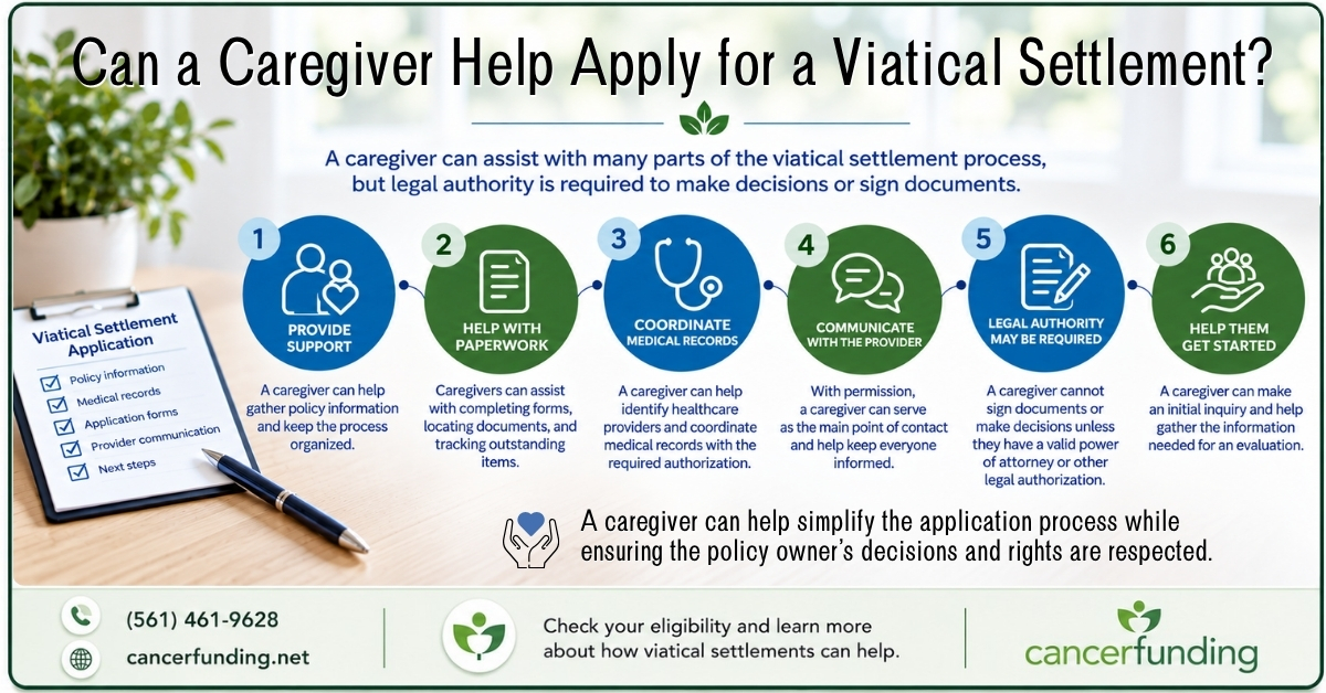 Infographic explaining can a caregiver help apply for a viatical settlement, including paperwork, medical records, communication, and legal authority.