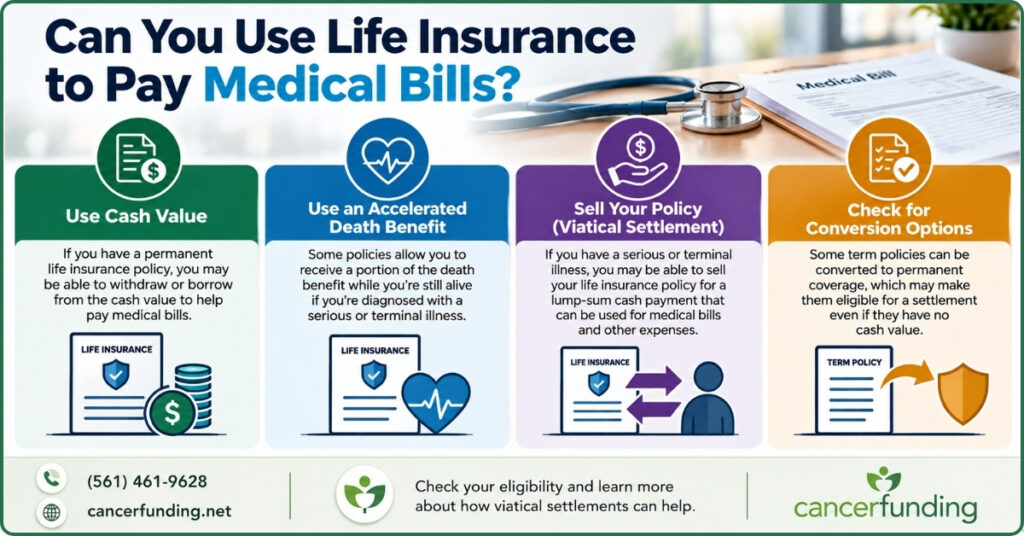 Infographic explaining can you use life insurance to pay medical bills through cash value, accelerated death benefits, or a viatical settlement.