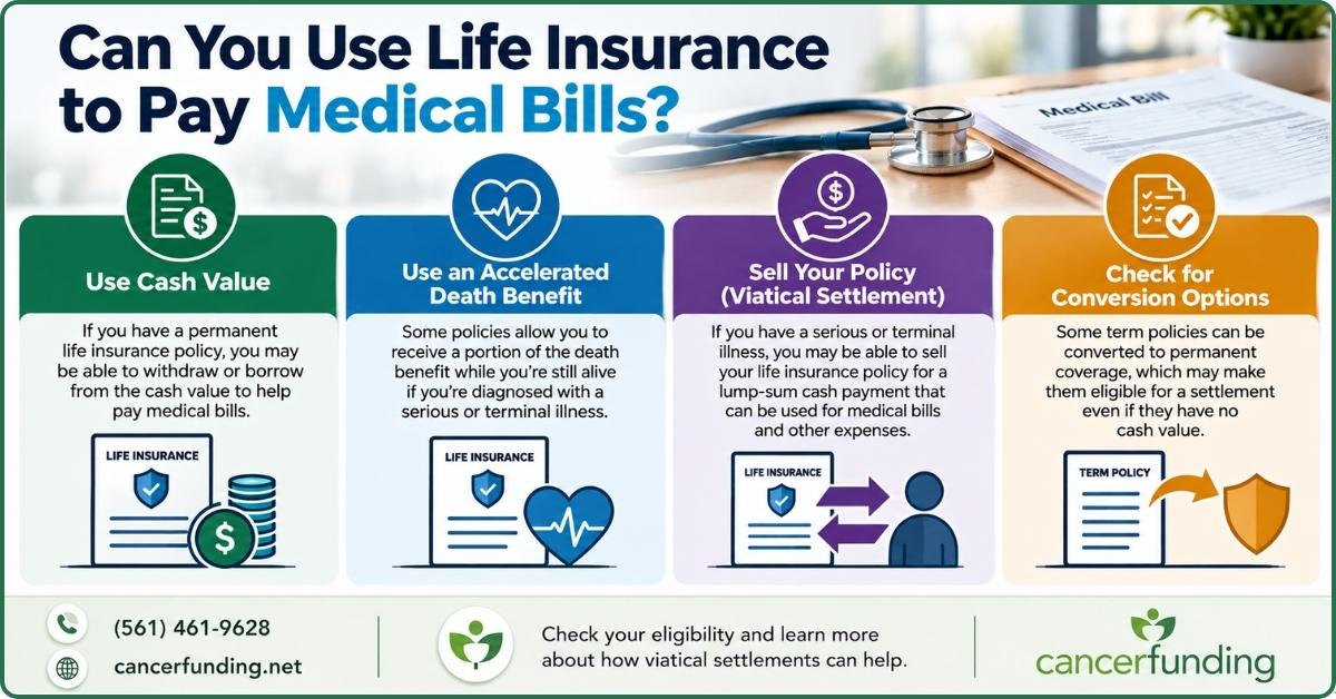 Infographic explaining can you use life insurance to pay medical bills through cash value, accelerated death benefits, or a viatical settlement.